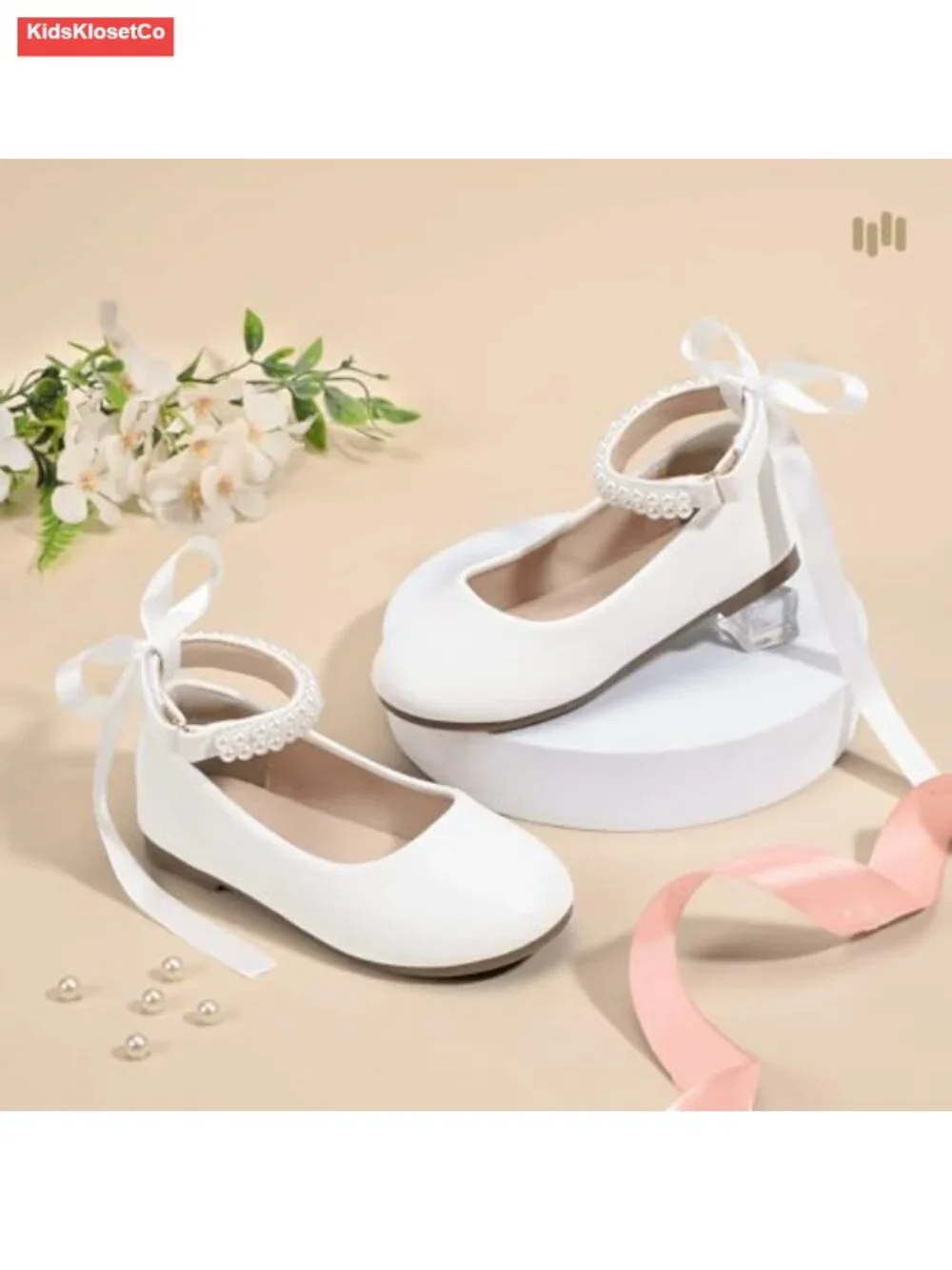 Toddler Girl Mary Jane Ballet Flats with Pearls and Bow - Dress Shoes for